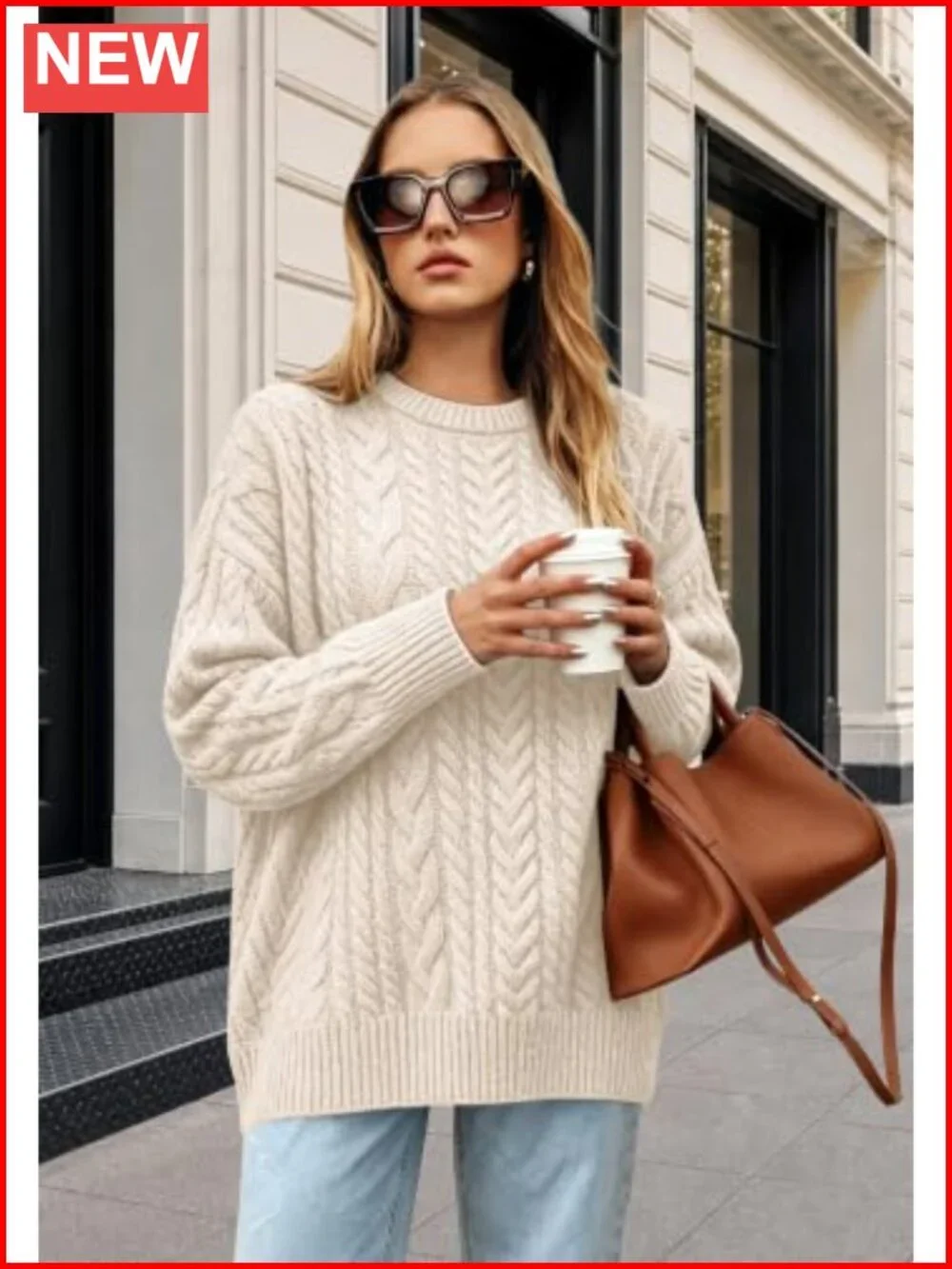 Cable Knit Long Sleeve Tunic Sweater Crew Neck Pullover Fall Winter